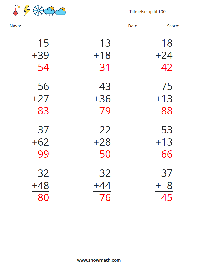 (12) Tilføjelse op til 100 Matematiske regneark 4 Spørgsmål, svar