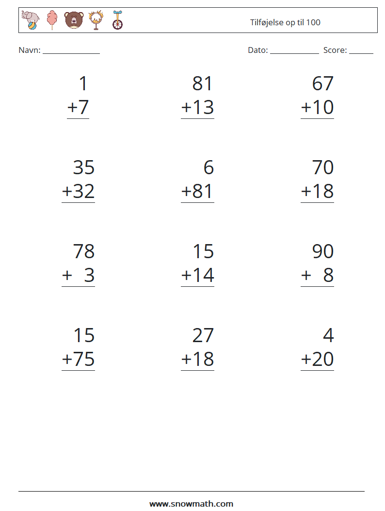 (12) Tilføjelse op til 100 Matematiske regneark 5