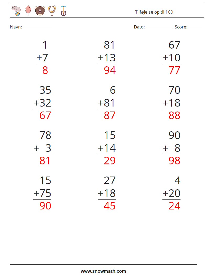(12) Tilføjelse op til 100 Matematiske regneark 5 Spørgsmål, svar