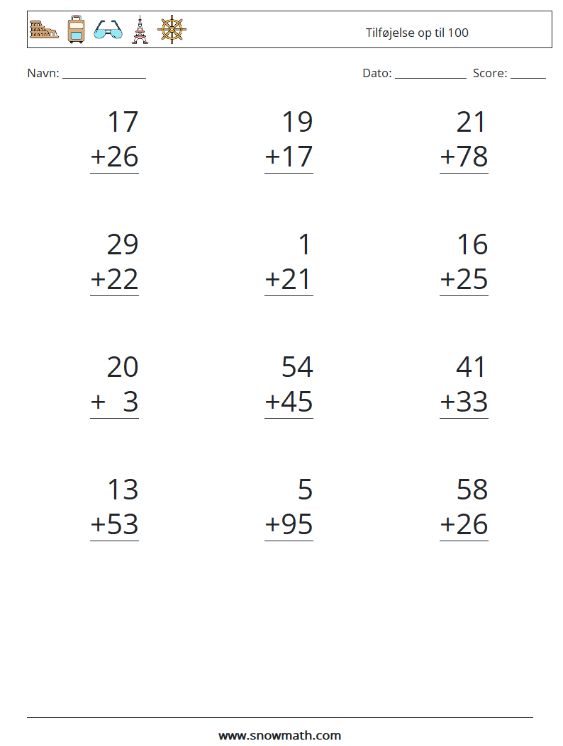 (12) Tilføjelse op til 100 Matematiske regneark 6