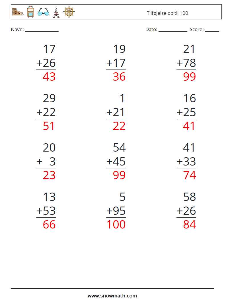 (12) Tilføjelse op til 100 Matematiske regneark 6 Spørgsmål, svar