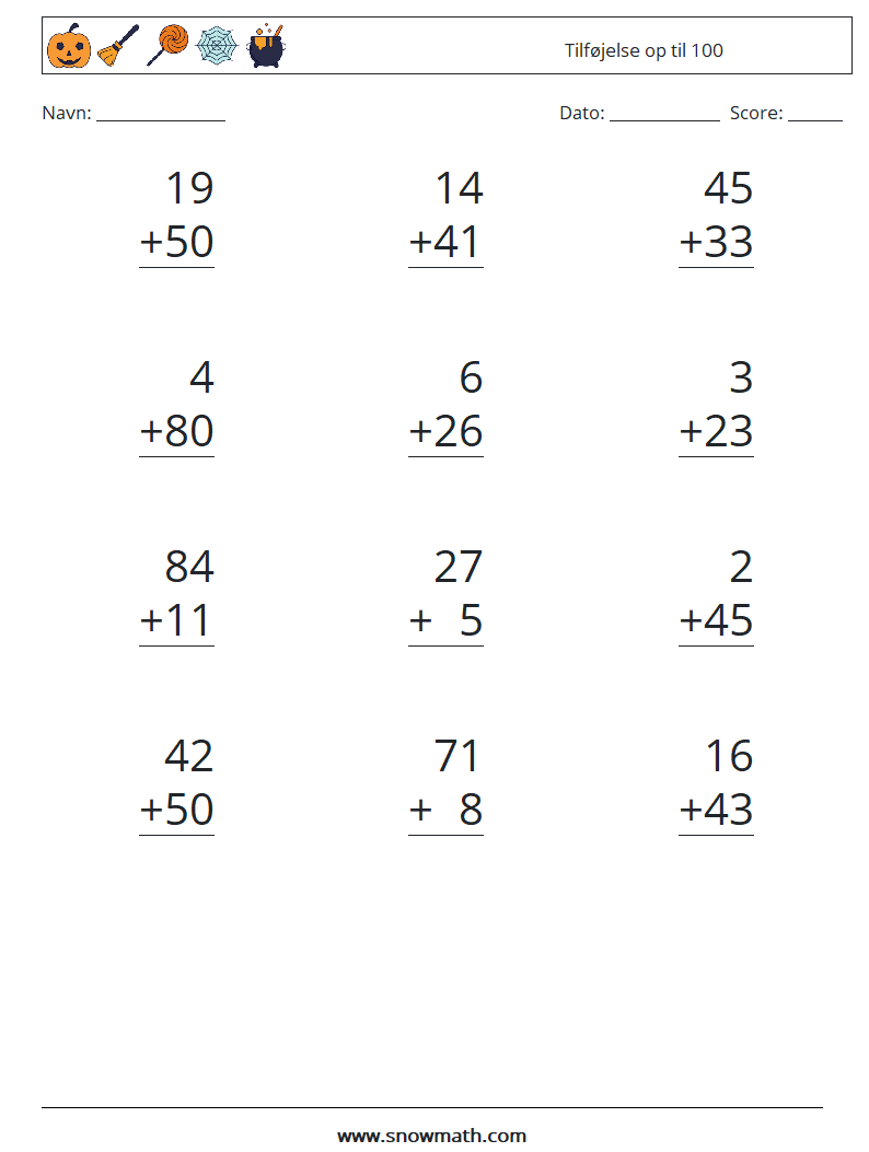 (12) Tilføjelse op til 100 Matematiske regneark 7