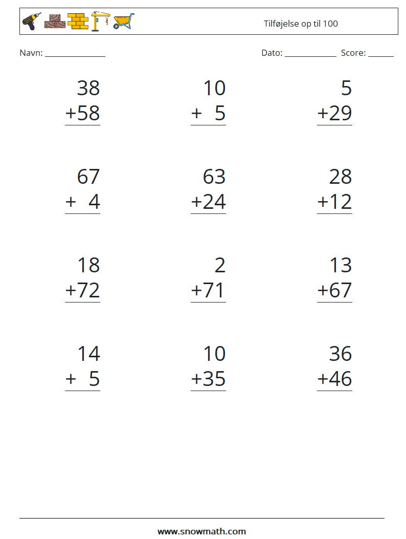 (12) Tilføjelse op til 100 Matematiske regneark 8