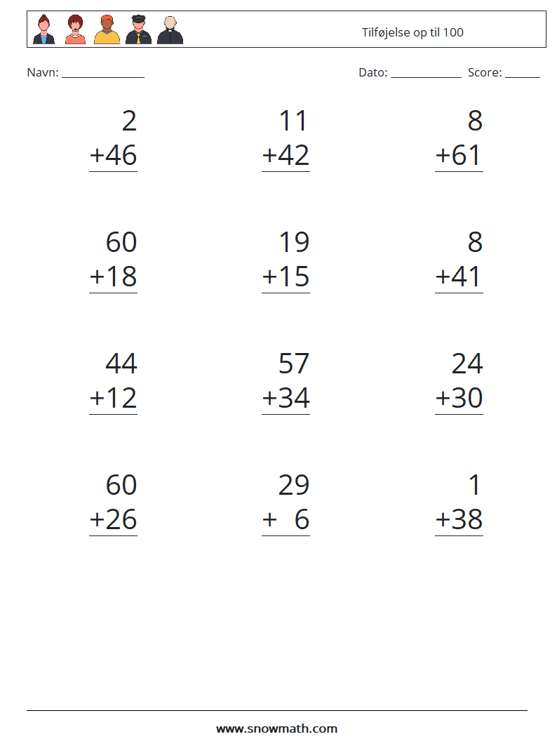 (12) Tilføjelse op til 100 Matematiske regneark 9