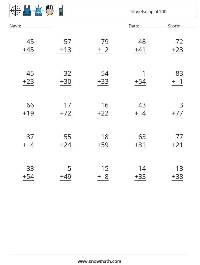 (25) Tilføjelse op til 100 Matematiske regneark 1