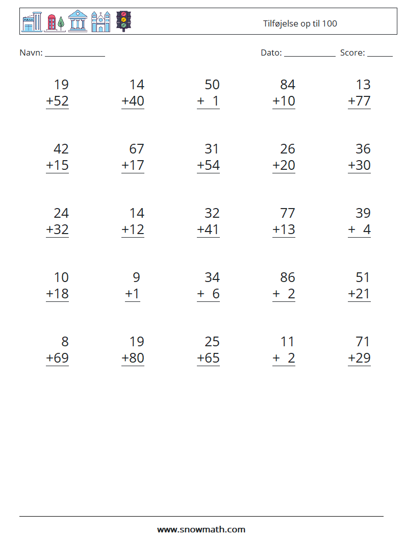 (25) Tilføjelse op til 100 Matematiske regneark 10