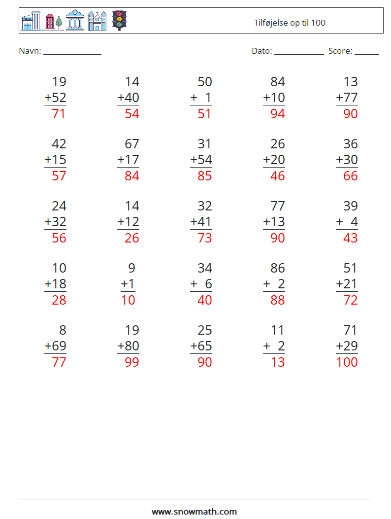 (25) Tilføjelse op til 100 Matematiske regneark 10 Spørgsmål, svar