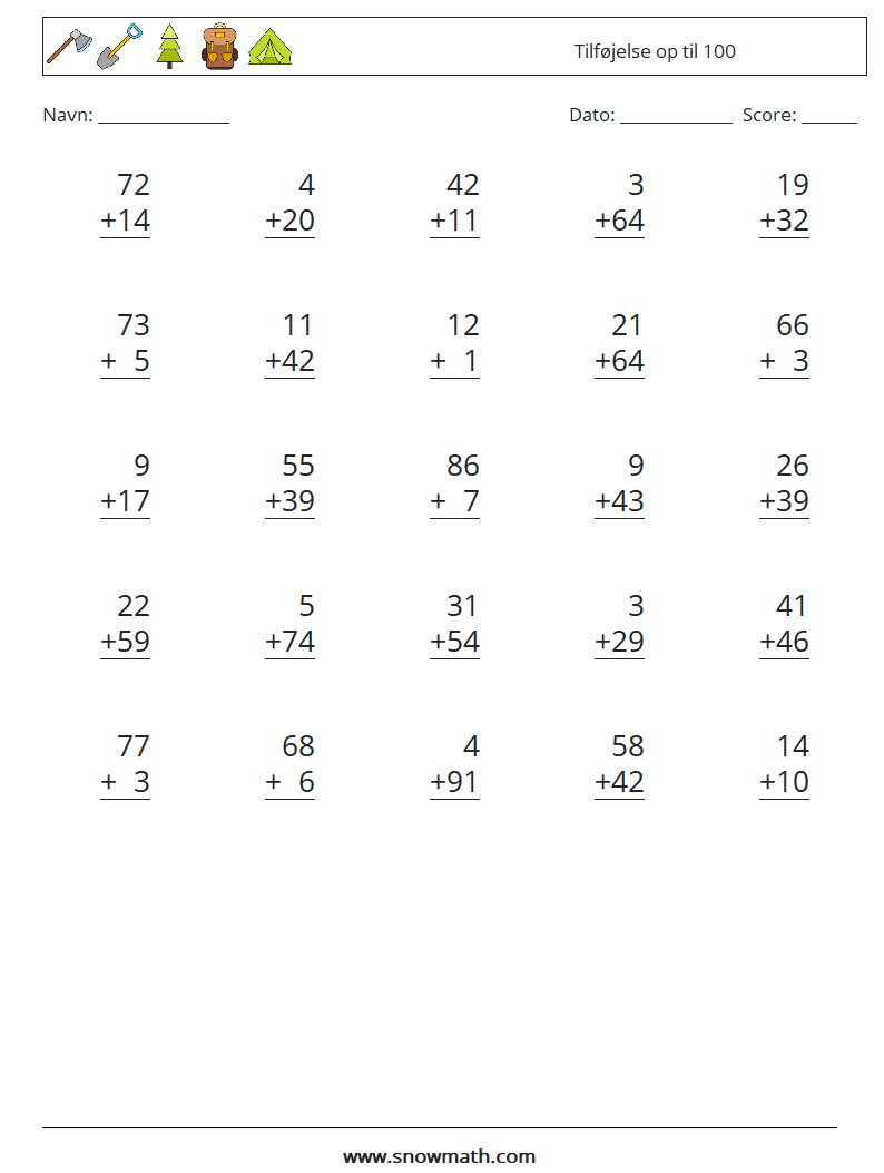 (25) Tilføjelse op til 100 Matematiske regneark 11