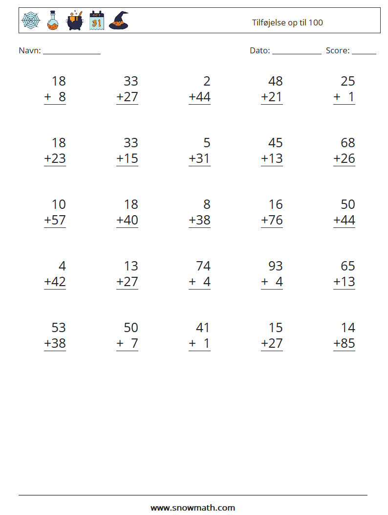 (25) Tilføjelse op til 100 Matematiske regneark 12