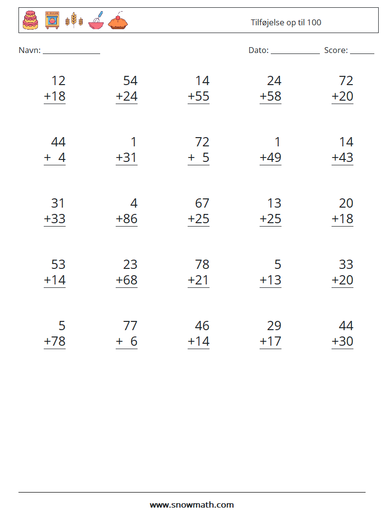 (25) Tilføjelse op til 100 Matematiske regneark 13