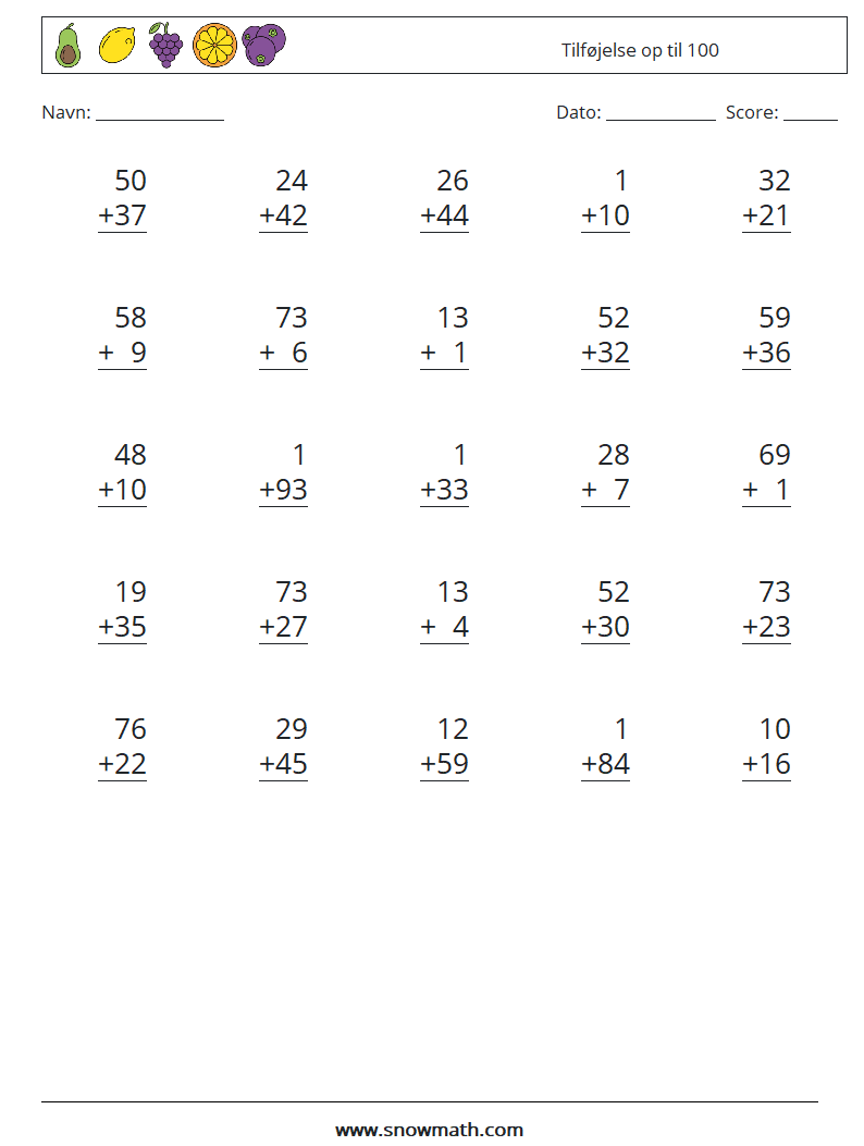 (25) Tilføjelse op til 100 Matematiske regneark 14