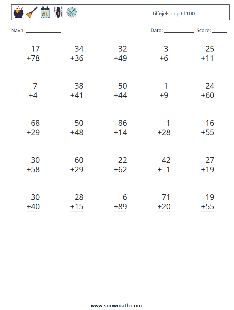 (25) Tilføjelse op til 100 Matematiske regneark 15