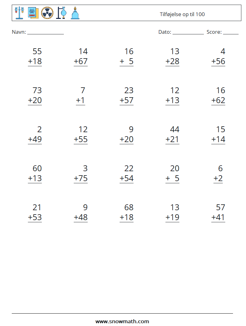 (25) Tilføjelse op til 100 Matematiske regneark 16