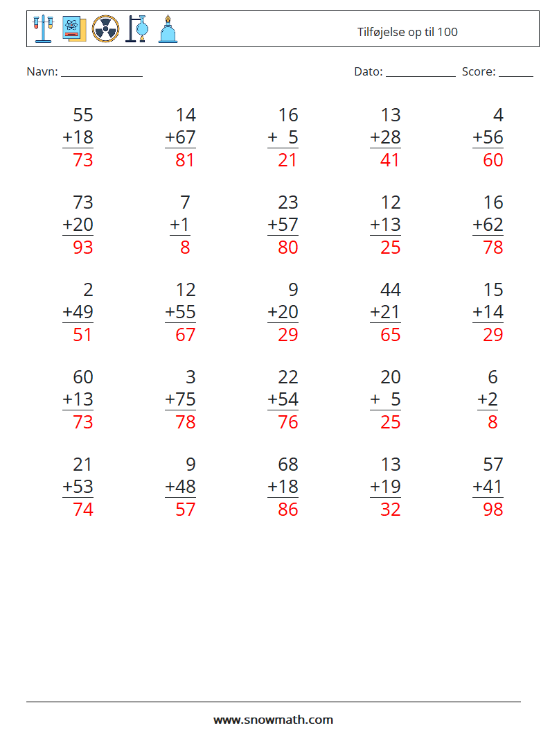 (25) Tilføjelse op til 100 Matematiske regneark 16 Spørgsmål, svar