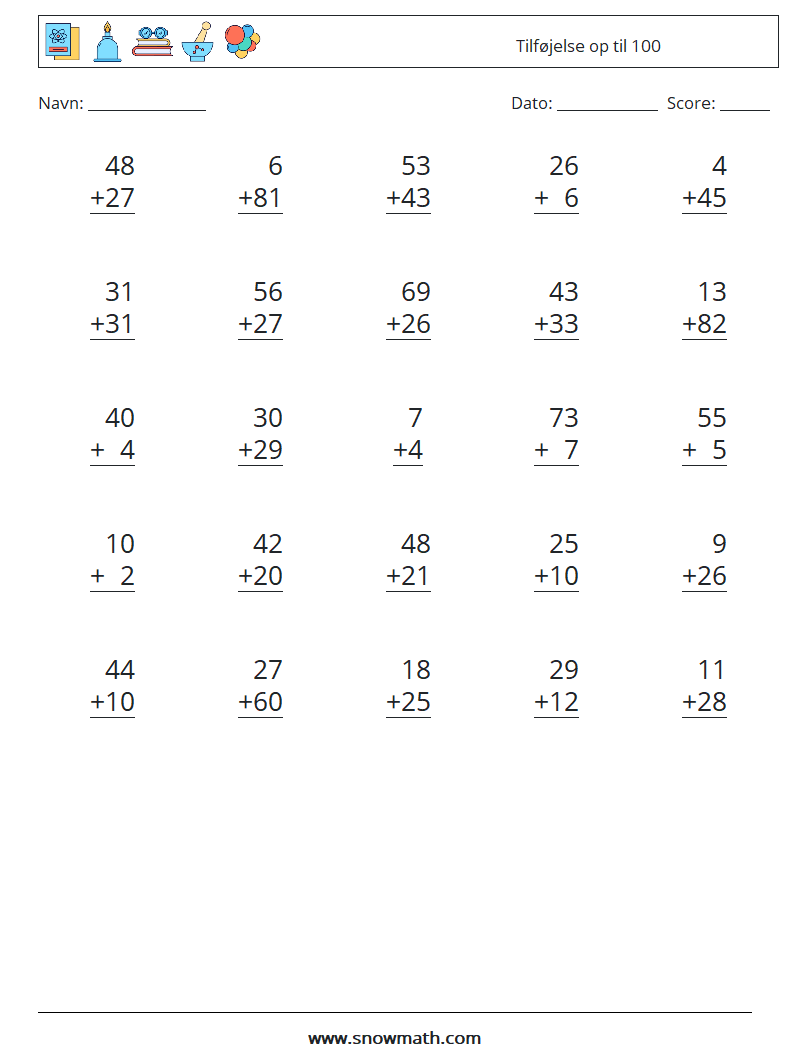 (25) Tilføjelse op til 100 Matematiske regneark 17