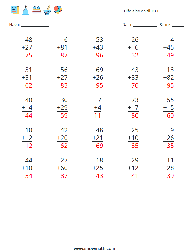 (25) Tilføjelse op til 100 Matematiske regneark 17 Spørgsmål, svar