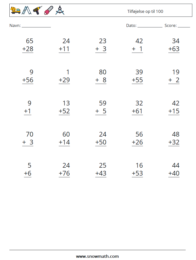 (25) Tilføjelse op til 100 Matematiske regneark 18