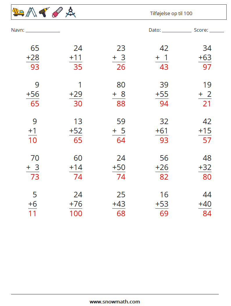 (25) Tilføjelse op til 100 Matematiske regneark 18 Spørgsmål, svar