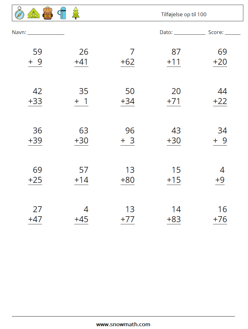 (25) Tilføjelse op til 100 Matematiske regneark 2