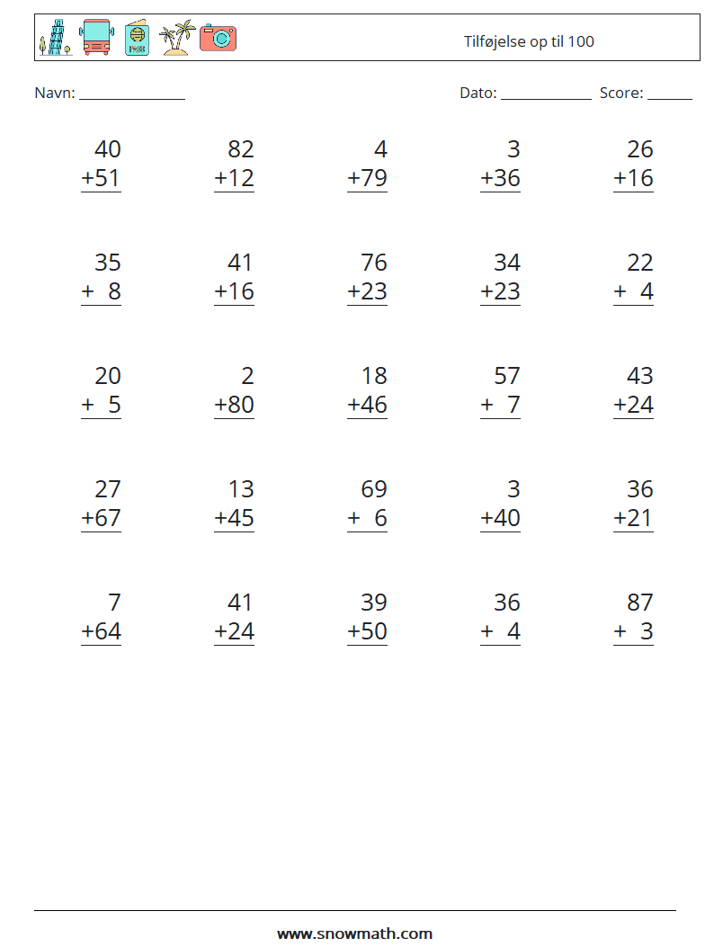 (25) Tilføjelse op til 100 Matematiske regneark 3