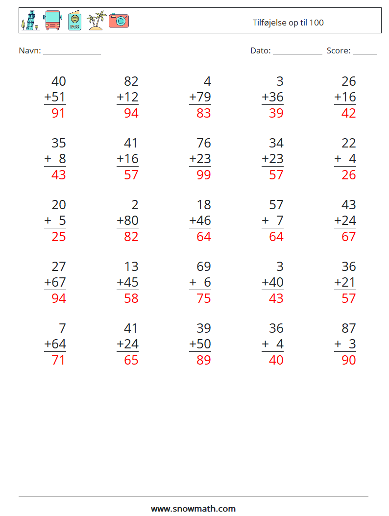 (25) Tilføjelse op til 100 Matematiske regneark 3 Spørgsmål, svar
