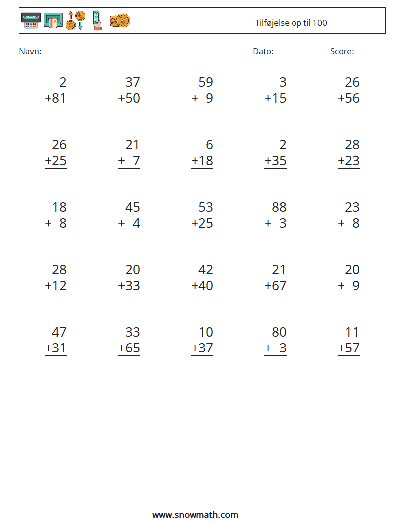 (25) Tilføjelse op til 100 Matematiske regneark 4