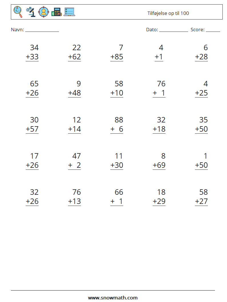 (25) Tilføjelse op til 100 Matematiske regneark 5