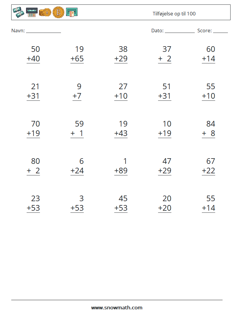 (25) Tilføjelse op til 100 Matematiske regneark 6