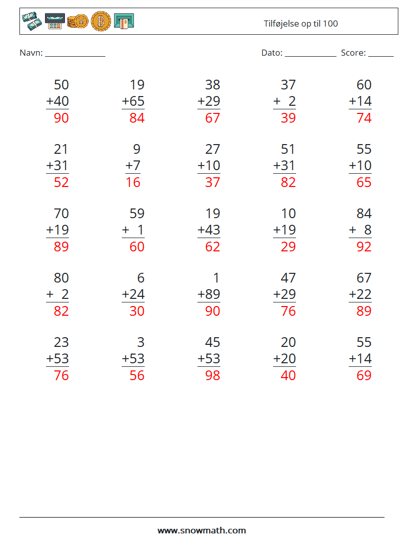 (25) Tilføjelse op til 100 Matematiske regneark 6 Spørgsmål, svar