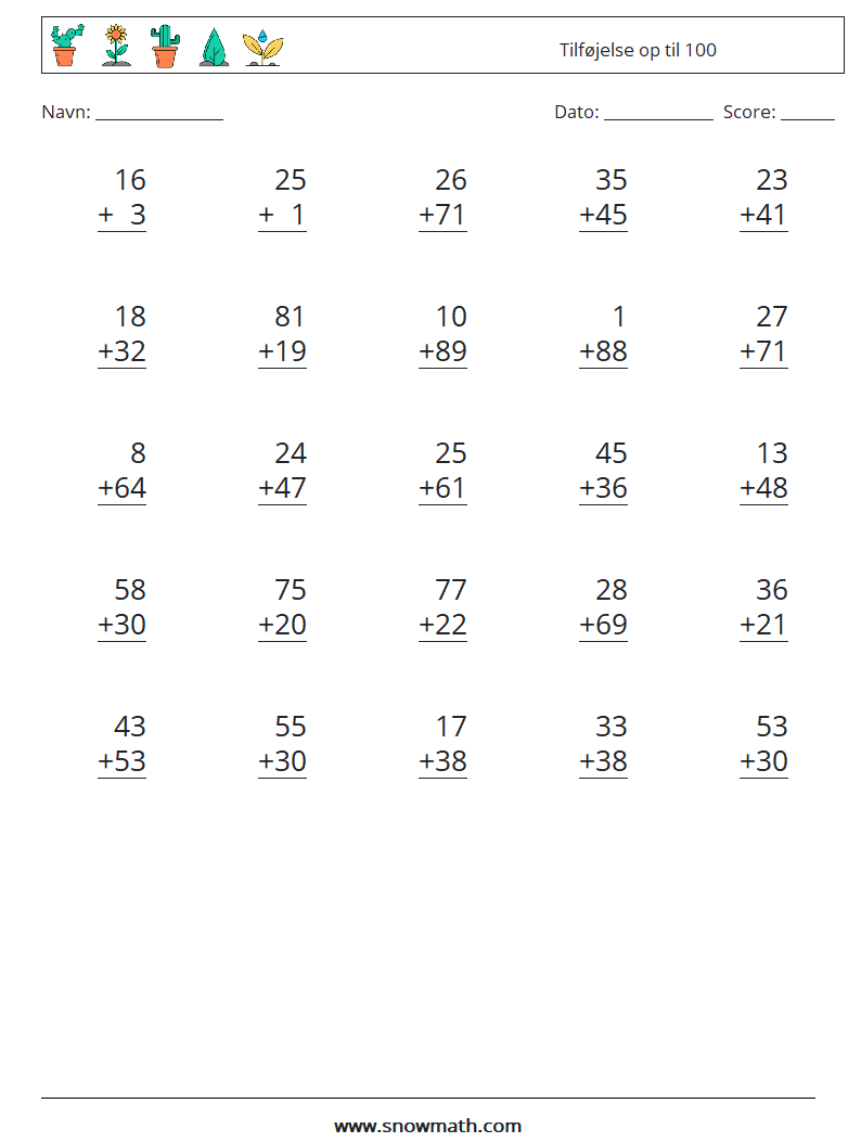 (25) Tilføjelse op til 100 Matematiske regneark 7