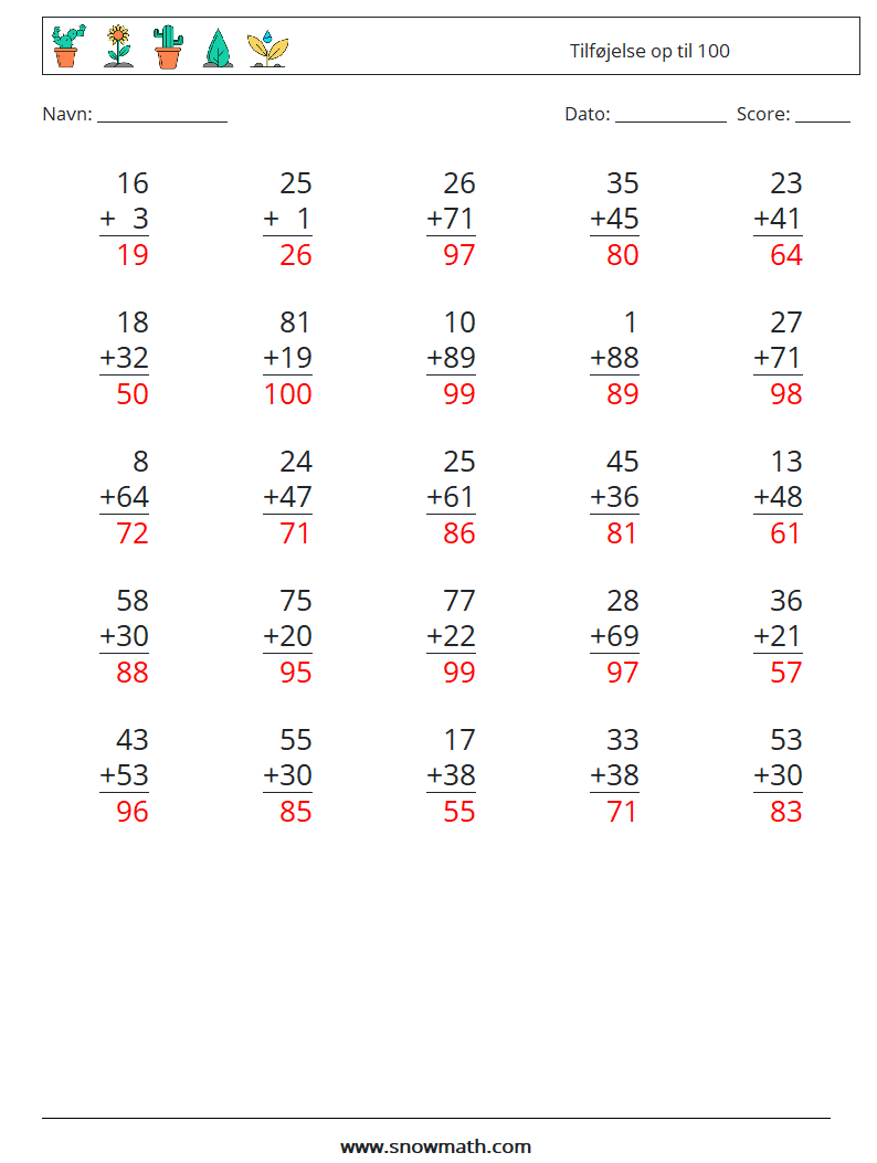 (25) Tilføjelse op til 100 Matematiske regneark 7 Spørgsmål, svar