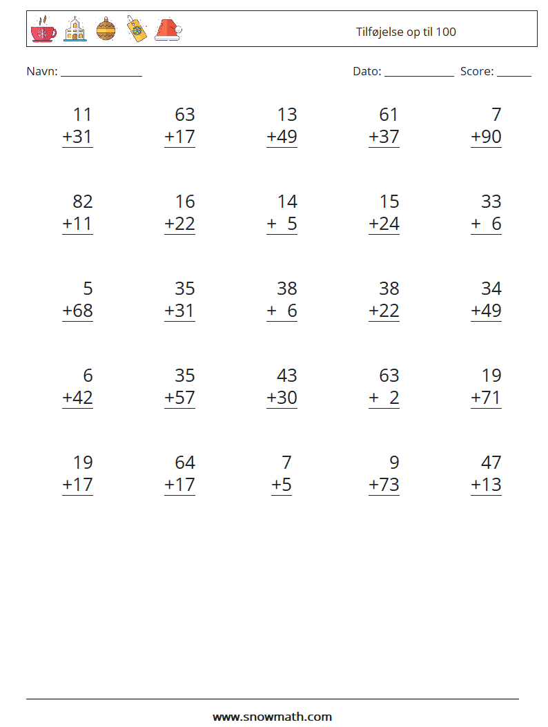 (25) Tilføjelse op til 100 Matematiske regneark 8