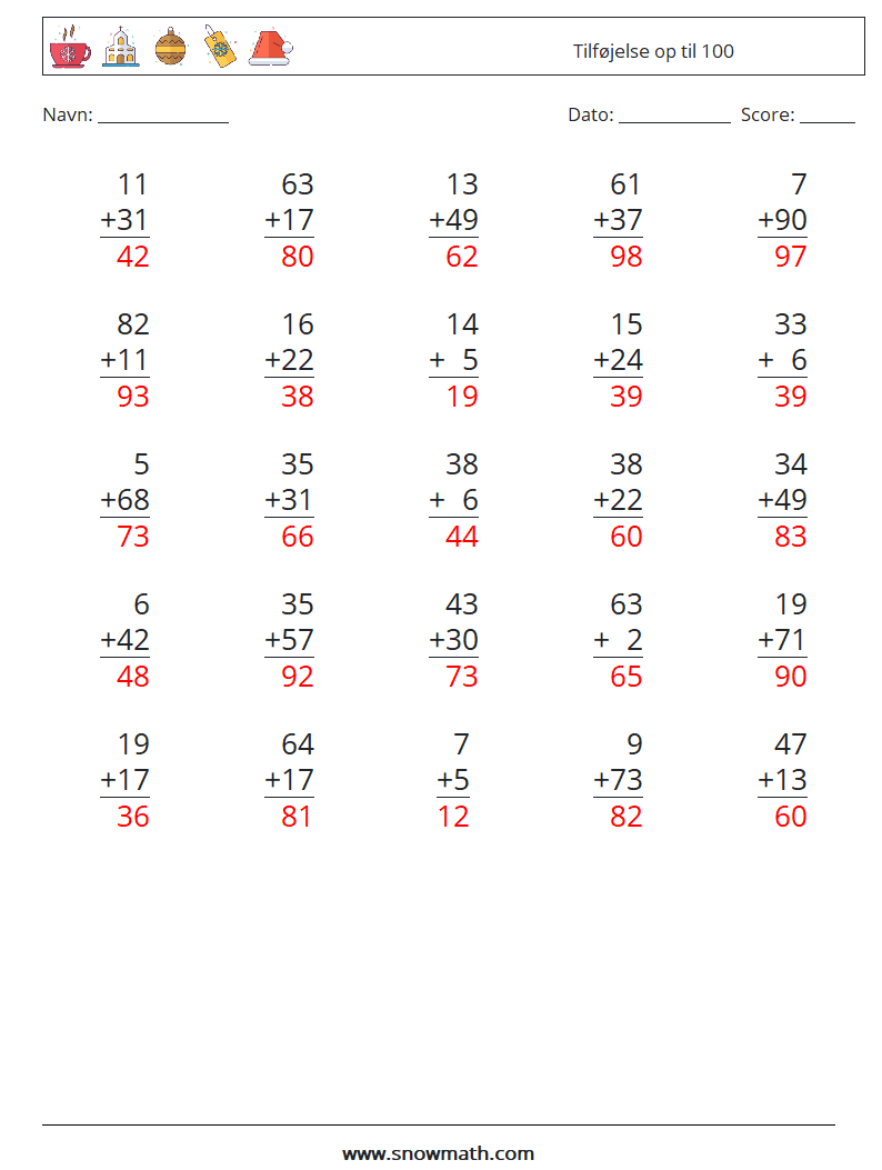 (25) Tilføjelse op til 100 Matematiske regneark 8 Spørgsmål, svar