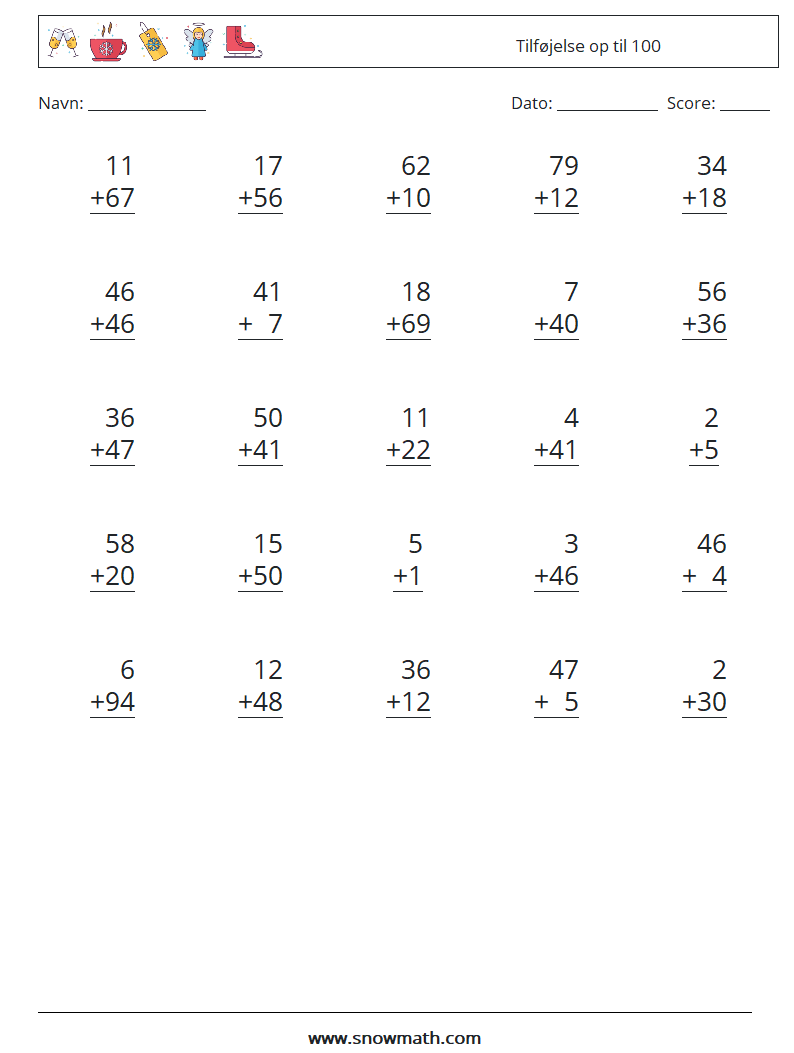 (25) Tilføjelse op til 100 Matematiske regneark 9