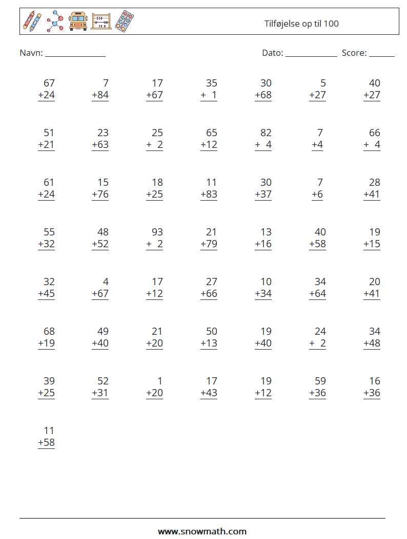 (50) Tilføjelse op til 100 Matematiske regneark 1