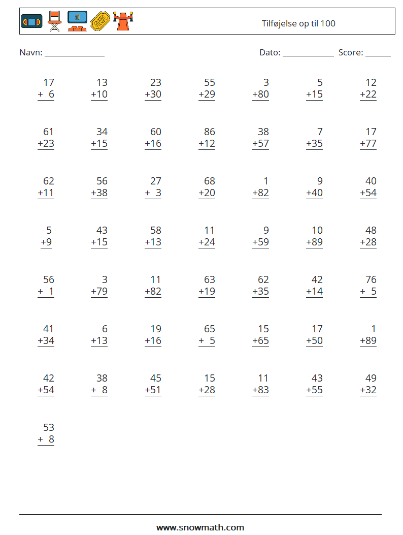 (50) Tilføjelse op til 100 Matematiske regneark 13