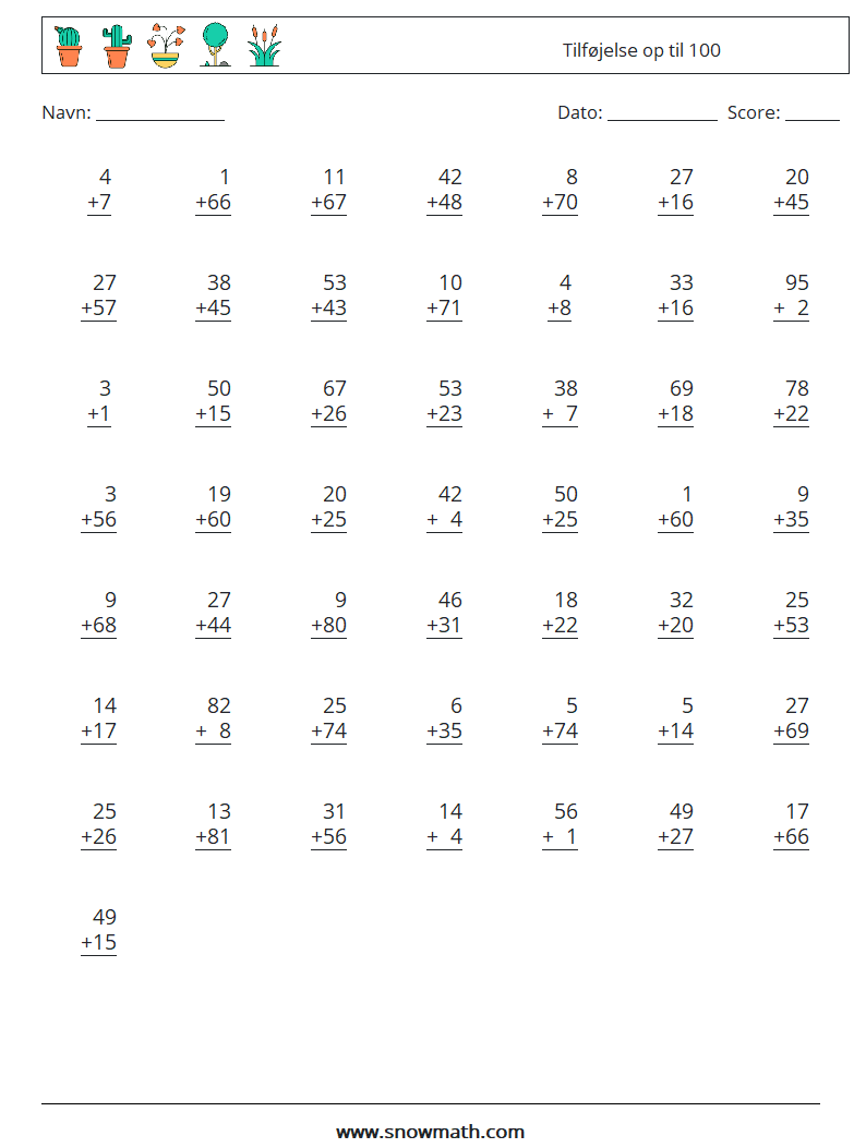 (50) Tilføjelse op til 100 Matematiske regneark 14