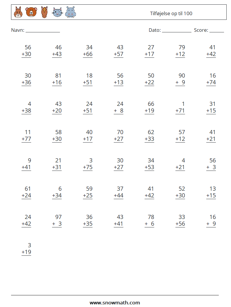 (50) Tilføjelse op til 100 Matematiske regneark 15