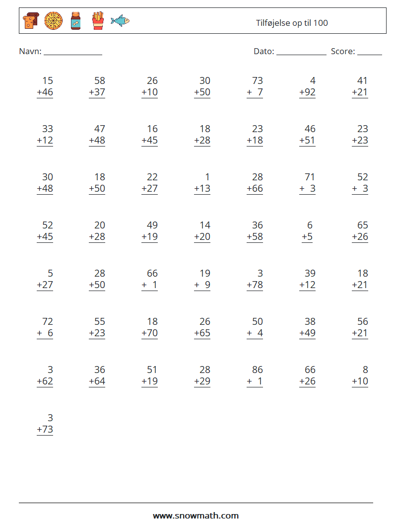 (50) Tilføjelse op til 100 Matematiske regneark 16