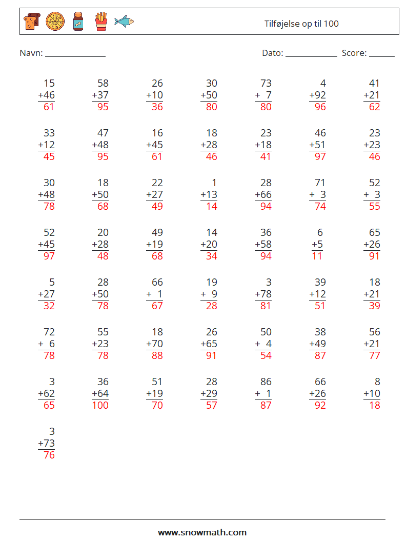 (50) Tilføjelse op til 100 Matematiske regneark 16 Spørgsmål, svar