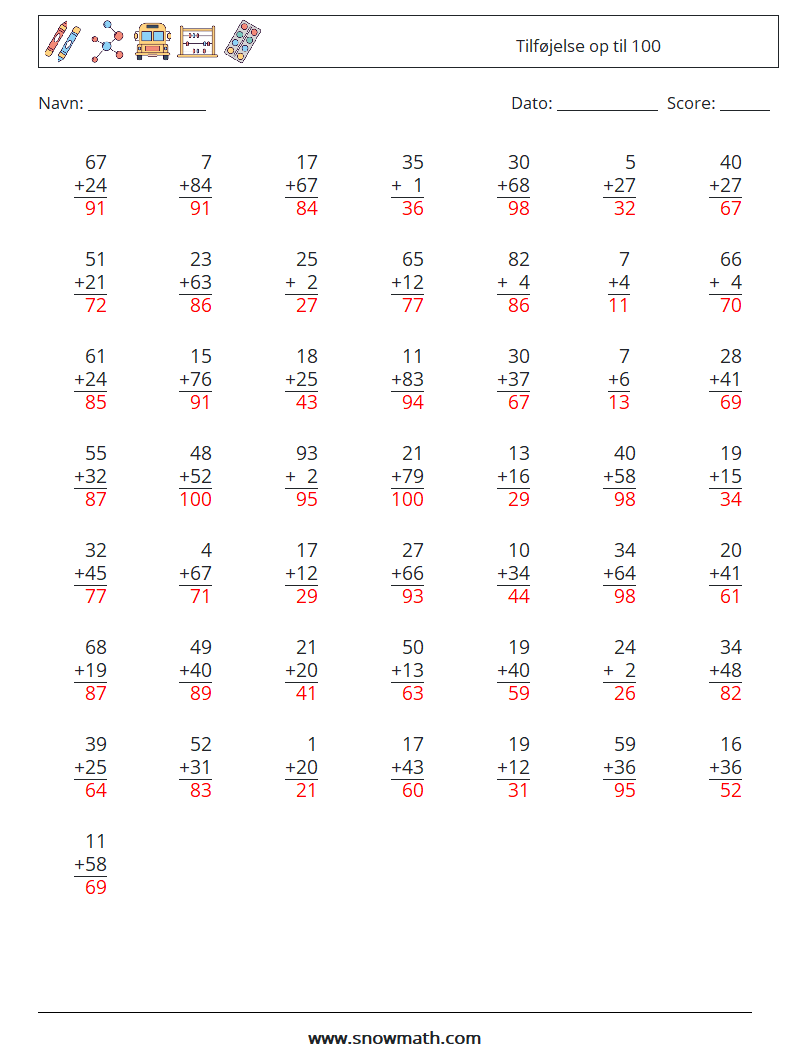 (50) Tilføjelse op til 100 Matematiske regneark 1 Spørgsmål, svar