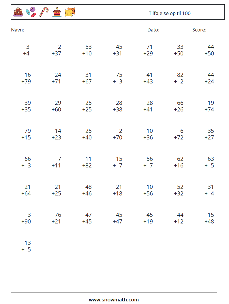 (50) Tilføjelse op til 100 Matematiske regneark 2