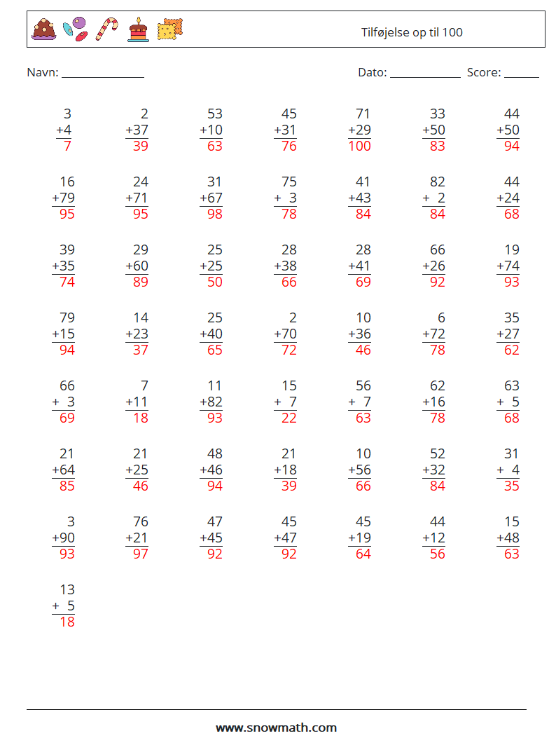 (50) Tilføjelse op til 100 Matematiske regneark 2 Spørgsmål, svar