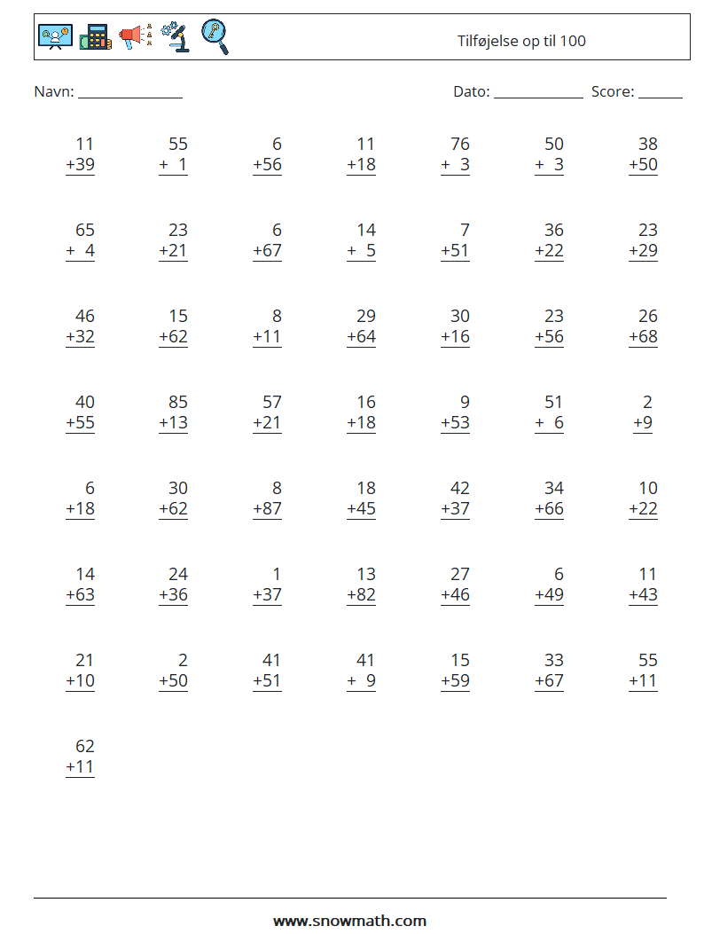 (50) Tilføjelse op til 100 Matematiske regneark 3