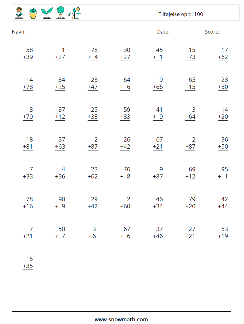 (50) Tilføjelse op til 100 Matematiske regneark 4