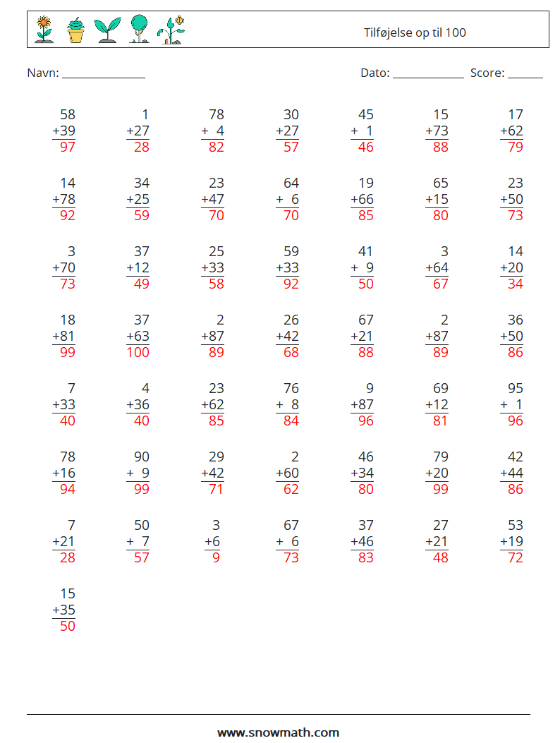 (50) Tilføjelse op til 100 Matematiske regneark 4 Spørgsmål, svar