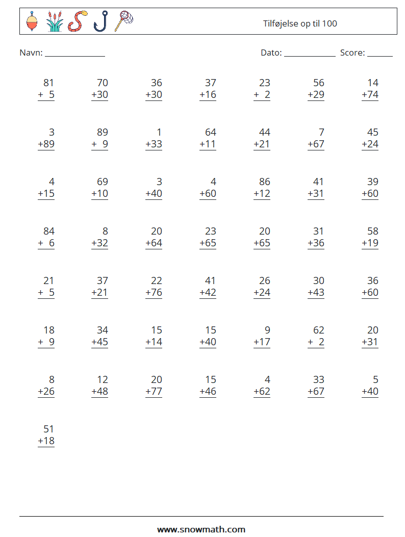 (50) Tilføjelse op til 100 Matematiske regneark 5