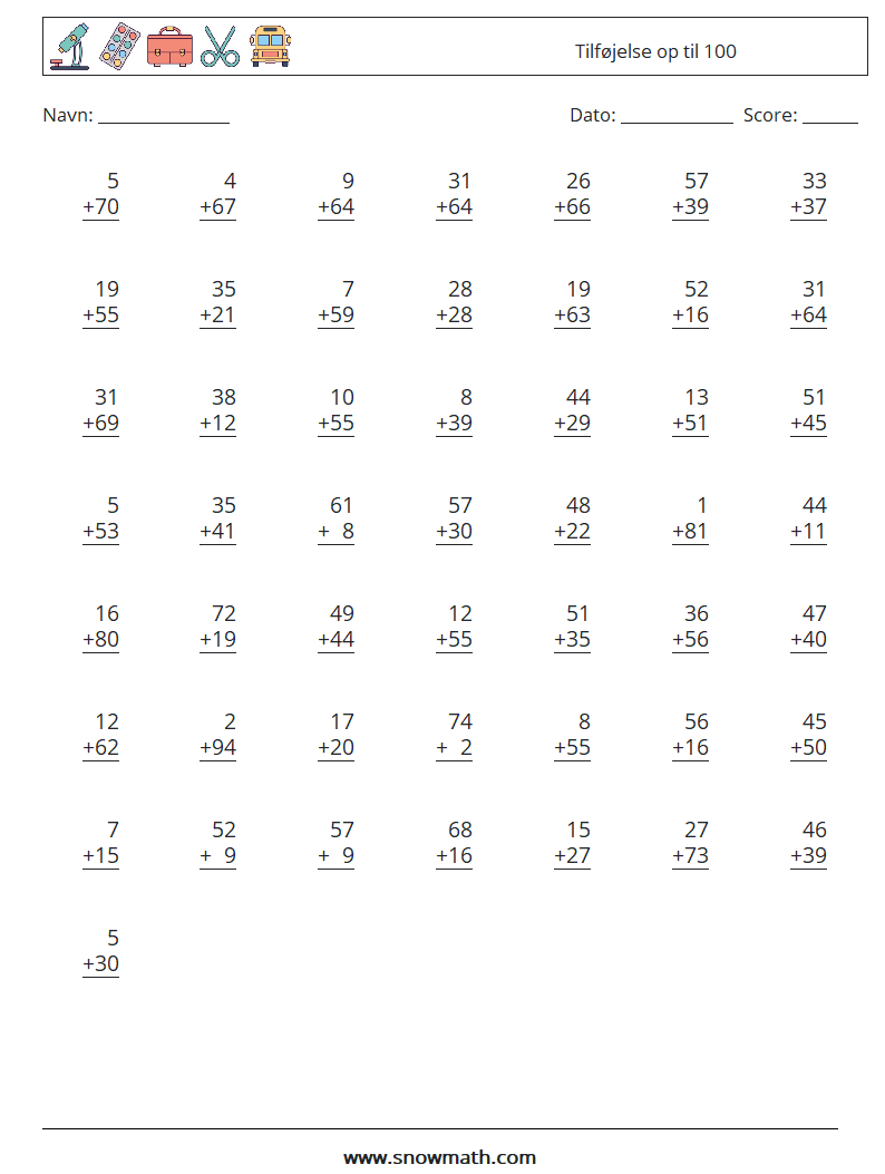 (50) Tilføjelse op til 100 Matematiske regneark 6