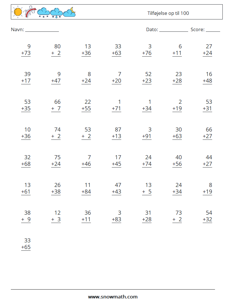 (50) Tilføjelse op til 100 Matematiske regneark 7