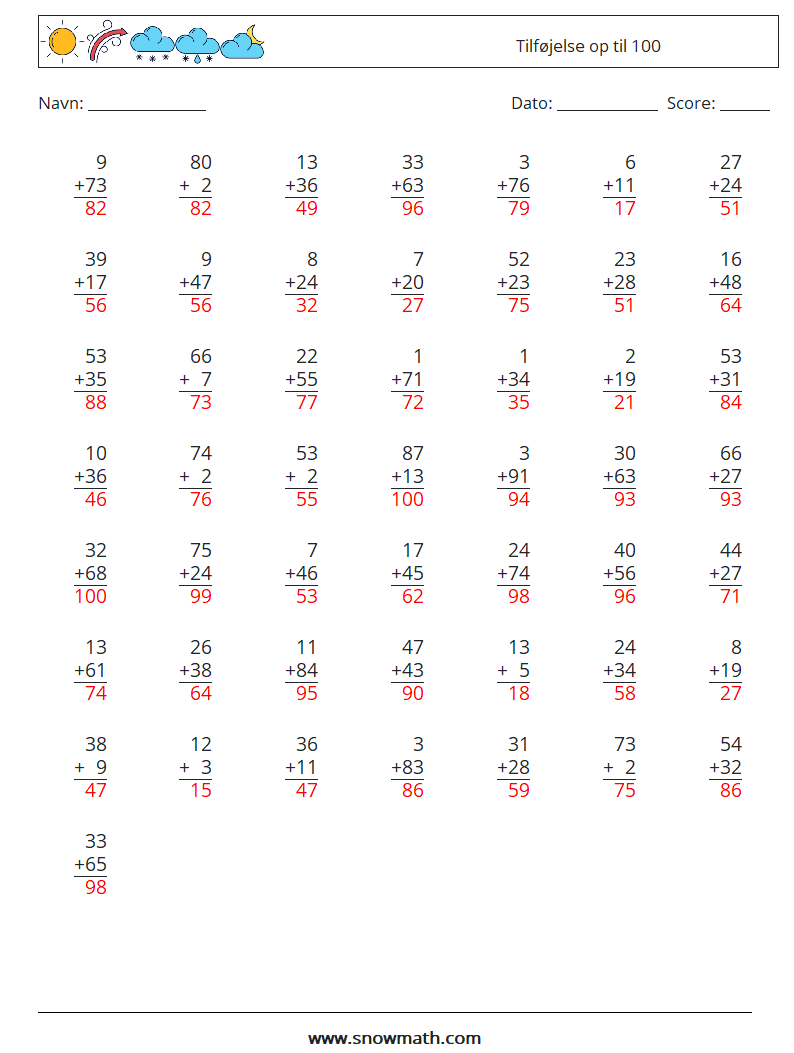 (50) Tilføjelse op til 100 Matematiske regneark 7 Spørgsmål, svar